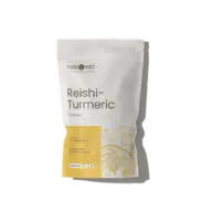 Reishi-Turmeric Complex powder in a white pouch with yellow design, 100g, gluten-free.