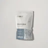 Maitake mushroom powder, 100g, organic, in white and blue packaging with floral design.