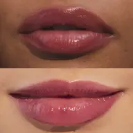 Two sets of lips with glossy pink lipstick, top darker skin, bottom lighter skin.