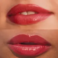Two close-up images of lips with glossy red lipstick.