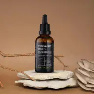 Organic Multi-Mushroom tincture bottle on stone with branches and mushrooms.