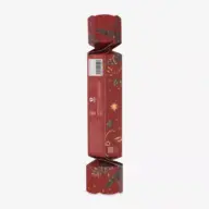 Red festive cracker with gold and green leaf design, barcode visible on side.