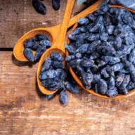 Wooden bowl and spoons filled with dried blue honeysuckle berries on a wooden surface.