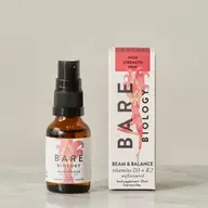 Bare Biology Beam & Balance spray bottle and box, vitamins D3 + K2, 25ml.