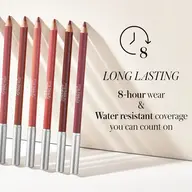 Seven lip pencils in various shades with text: "Long lasting, 8-hour wear, water resistant.