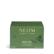 Green box of NEOM Perfect Peace scented candle, 420g, with bicycle illustration.