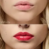 Close-up of lips before and after applying red lipstick, labelled "Before Lily" and "After Lily".