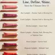 Liplight tubes and pencils with text: Line, Define, Shine. Meet the Ultimate Dew-O.