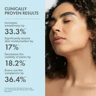 Clinically proven results text with a woman with curly hair and closed eyes.