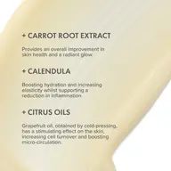 Carrot root extract, calendula, and citrus oils benefits on a beige background.