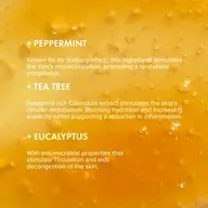 Peppermint, tea tree, and eucalyptus benefits on orange background with droplets.