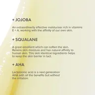Jojoba, Squalane, and AHA benefits for skin moisturising and barrier protection described.
