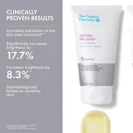 Enzyme Peel Mask tube with text on exfoliation and brightness increase percentages.