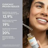 Smiling woman applying Vitamin C serum. Text highlights skincare benefits and clinical results.