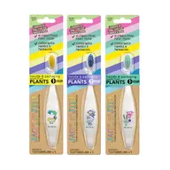 Three Jack N' Jill toothbrushes with colourful bristles and plant-based packaging.