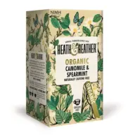 Heath & Heather Organic Camomile & Spearmint tea box with floral design, 20 bags.