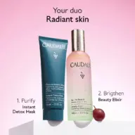 Caudalie Instant Detox Mask and Beauty Elixir on pink background with text "Your duo Radiant skin".