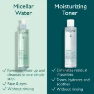 Micellar Water and Moisturising Toner bottles with benefits listed beside each.
