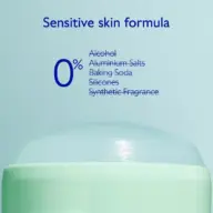 Sensitive skin formula, 0% alcohol, aluminium salts, baking soda, silicones, synthetic fragrance.