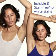 Two women in vests with raised arms. Text: "Invisible & Stain-free/no white stains".