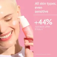 Person applying Caudalie serum, text: All skin types, +44% hydration after 8 hours.