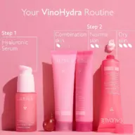 Caudalie VinoHydra skincare products for different skin types on a pink background.