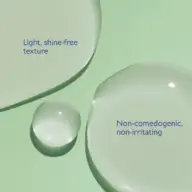 Clear liquid drops on green background with text: "Light, shine-free texture" and "Non-comedogenic, non-irritating".