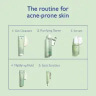 Routine for acne-prone skin: Gel Cleanser, Purifying Toner, Serum, Matifying Fluid, Spot Solution.