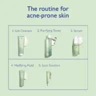 Routine for acne-prone skin: Gel Cleanser, Purifying Toner, Serum, Matifying Fluid, Spot Solution.