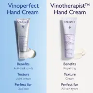 Vinoperfect and Vinotherapist hand creams with benefits, texture, and skin type details.