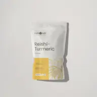 Reishi-Turmeric Complex powder, 100g, clinically formulated blend in a white pouch.