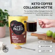 Planet Paleo Keto Coffee Collagen Hottie with glass mug, spoon, and green apples on table.