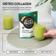 Planet Paleo Osteo Collagen pack and green drink on a mat. Text: Tissue Repair, Bone Support, Joint Function.