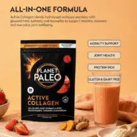 Planet Paleo Active Collagen pack with smoothie, strawberries, and turmeric on a table.