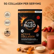 Planet Paleo Active Collagen pack with turmeric, strawberries, and smoothie.