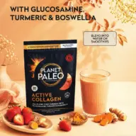Planet Paleo Active Collagen pack with smoothie, turmeric, ginger, and strawberries.