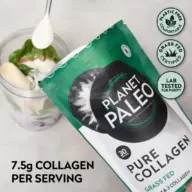 Planet Paleo Pure Collagen pack next to smoothie ingredients. 7.5g collagen per serving text.