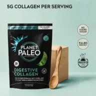 Planet Paleo Digestive Collagen pack with wooden spoon, 5g collagen per serving, paleo friendly.