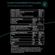 Planet Paleo Digestive Collagen ingredients and nutritional information table.
