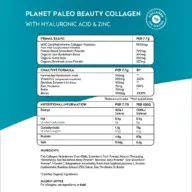 Planet Paleo Beauty Collagen ingredients and nutritional information on a blue background.