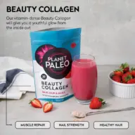 Planet Paleo Beauty Collagen pack with pink drink, strawberries, and spoon on table.