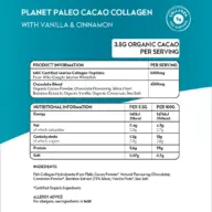 Planet Paleo Cacao Collagen with vanilla and cinnamon. Contains 3.8g organic cacao per serving.