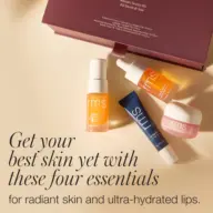 Skincare Secrets Kit with four RMS products on a beige background. Text: "Get your best skin yet.