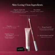 Skincare products with jojoba oil, shea butter, peptides, cocoa seed butter, mango and meadowfoam oils.