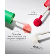 Three lip glosses: Chameleon pink, Lily red, Adrianna crystal shimmer.
