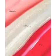 Three swatches of lip gloss labelled Chameleon, Adrianna, Lily in pink, white, and red shades.