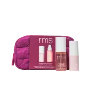 RMS Mini Prime & Set Punch kit with pink pouch and two skincare bottles.