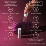 Hand holding RMS primer above purple cosmetic bag, surrounded by product benefits text.