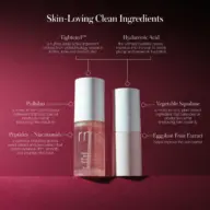 Two skincare bottles with ingredients: Tightenyl, Hyaluronic Acid, Pullulan, Peptides, Squalane.