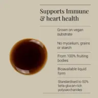 Supports immune and heart health. Liquid form, vegan substrate, no grains, 100% fruiting bodies.
